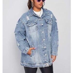 Highway Jeans - Distressed Oversized Premium Denim Long Blue Jean Jacket - 1x